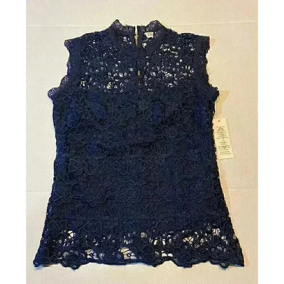 Nanette Lepore Women's Sleeveless SMALL Navy Blue Lace Top Embroidered Classic - Picture 5 of 10